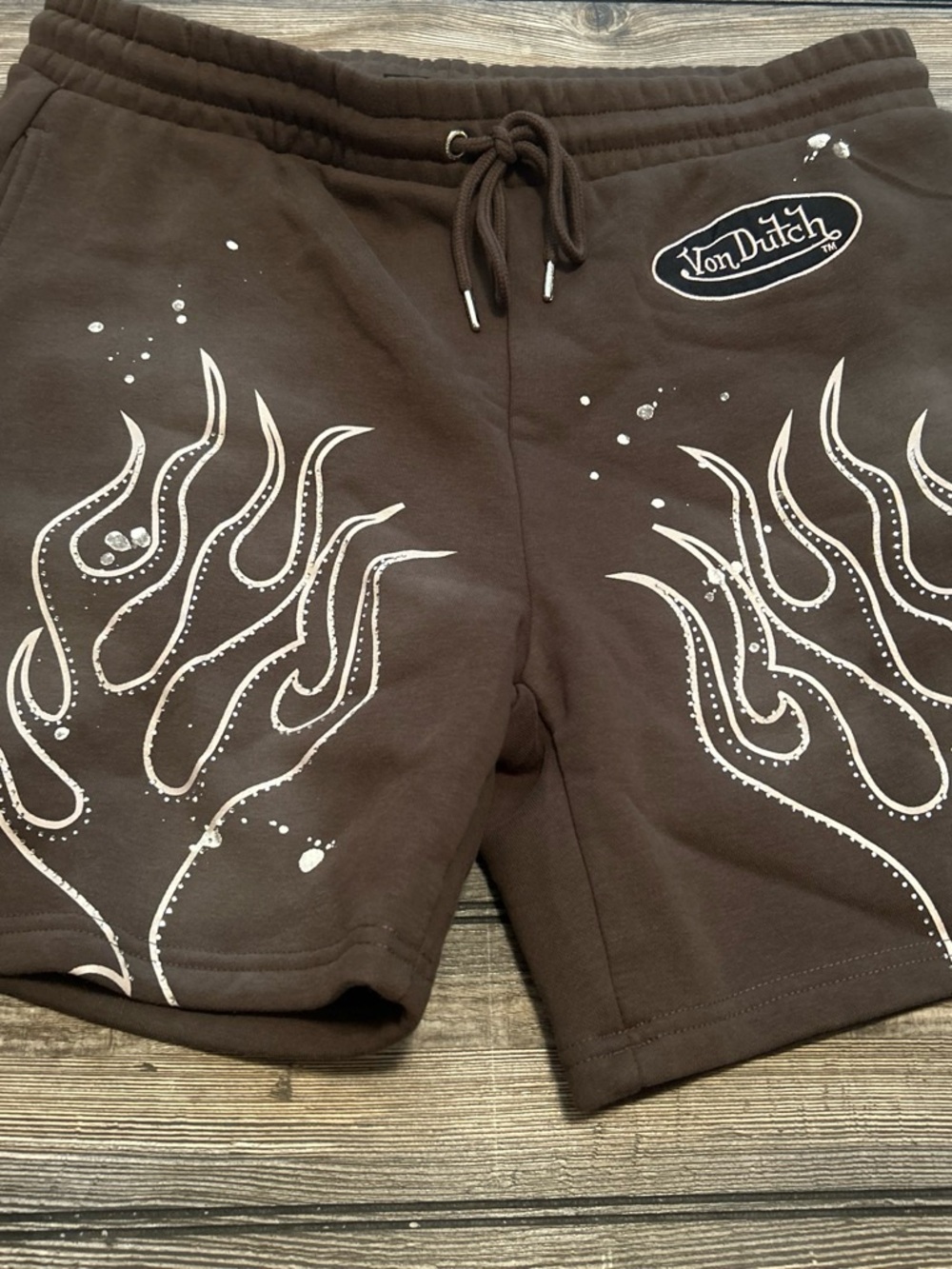 Von Dutch Chocolate Shorts with White Flame Design, Never worn